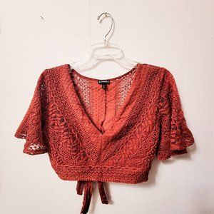 Rust/Red Lace Crop Top w/ Flutter Sleeves and Tie Detail on Back